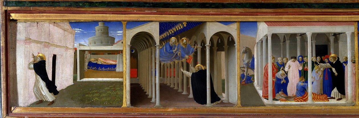 De gauche à droite, Saint Dominique et le Pape Innocent III, apparition de Saint Pierre et Saint Paul à Saint Dominique, et une scène de résurrection opérée miraculeusement par le saint (détail) - Fra  Angelico