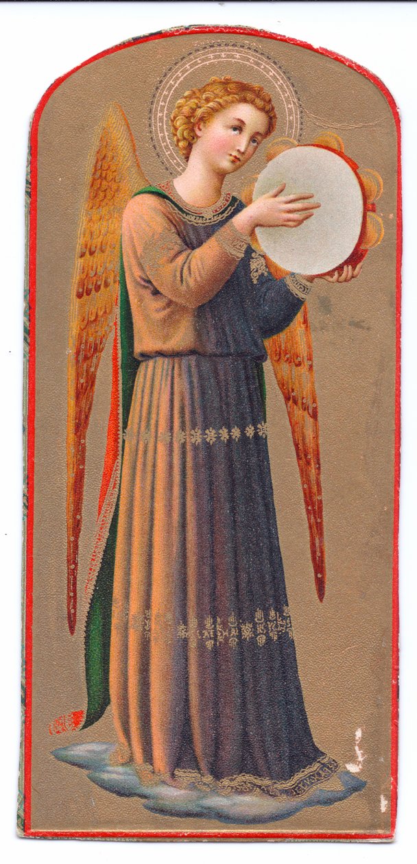 Lithographie en couleur de Fra Angelico, ange jouant du tambourin, c.1910 - Fra Angelico
