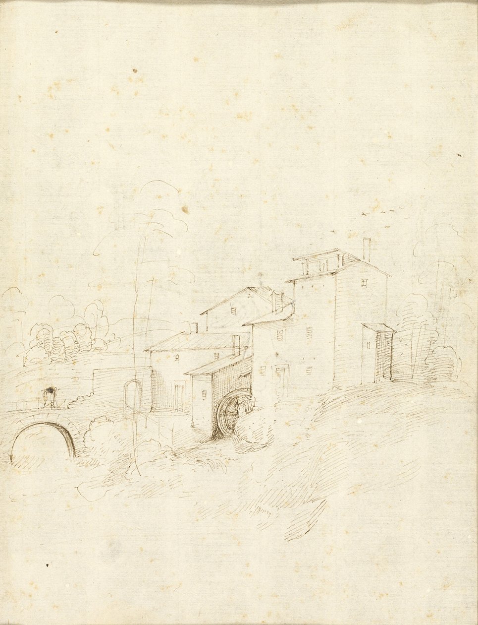 Moulin à eau avec figures sur un pont en arc - Fra Bartolommeo