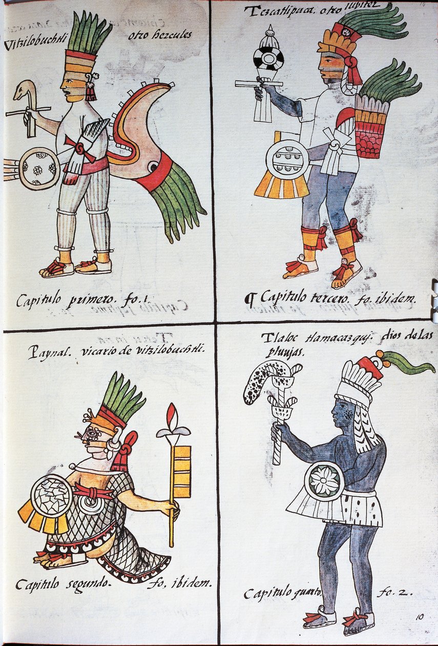 Dieux des anciens Mexicains, Huitzilopochtli, Tezcatlipoca, Tlaloc et Paynal - Fra Bernadino da Sahagun