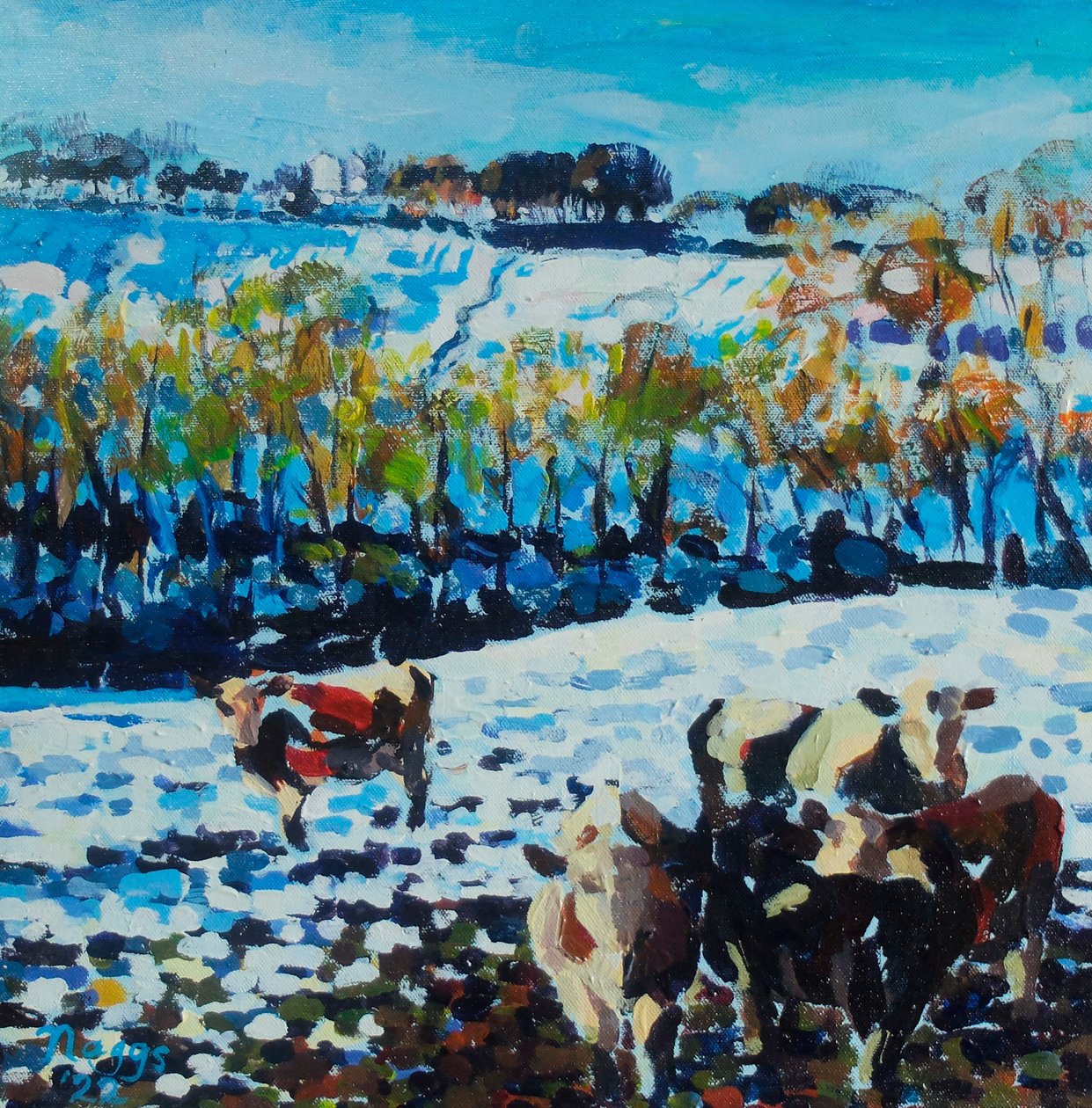 Vaches dans la neige, 2024 (acrylique sur toile) - Frances Naggs