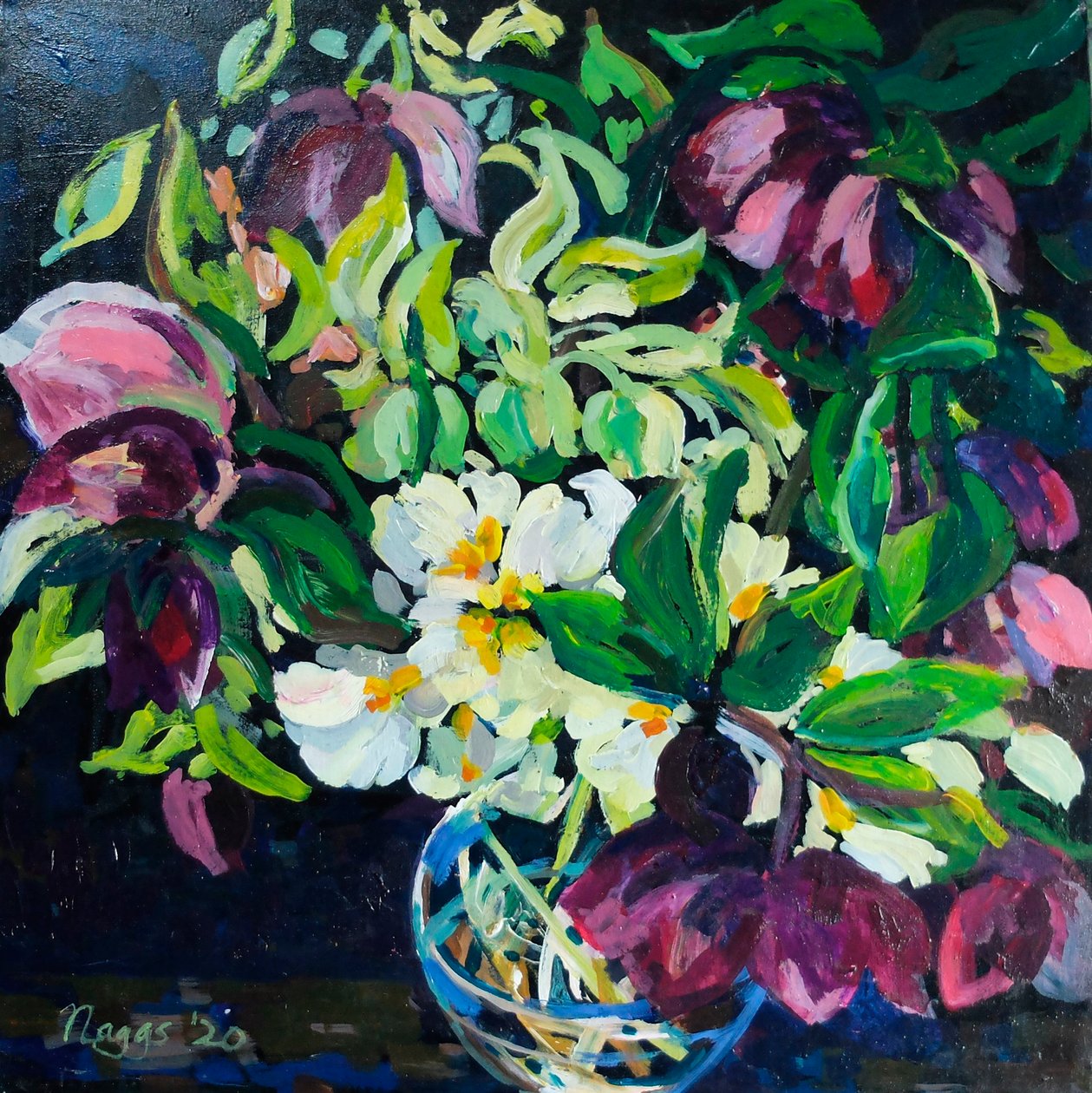 Hélipores et primevères sur fond sombre, 2020 (acrylique sur toile) - Frances Naggs