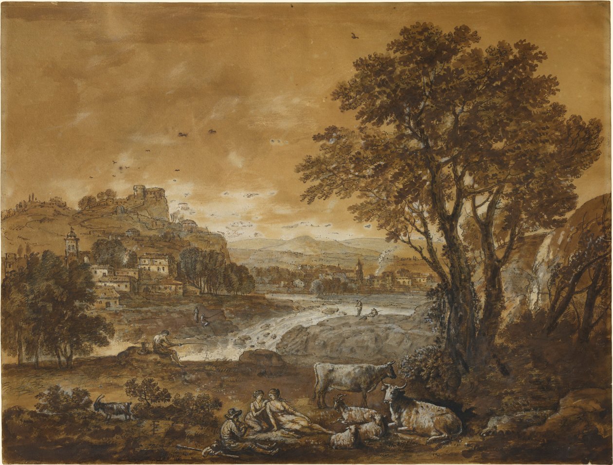 Paysage avec bergers se reposant sous un arbre près d