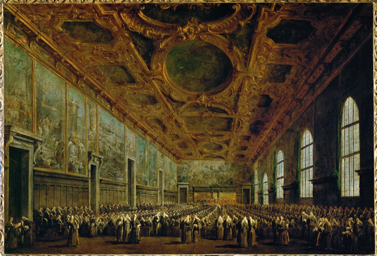 Après son élection, le Doge remercie le Grand Conseil dans la salle du Grand Conseil du Palais des Doges à Venise, en Italie ... - Francesco (circle of) Guardi