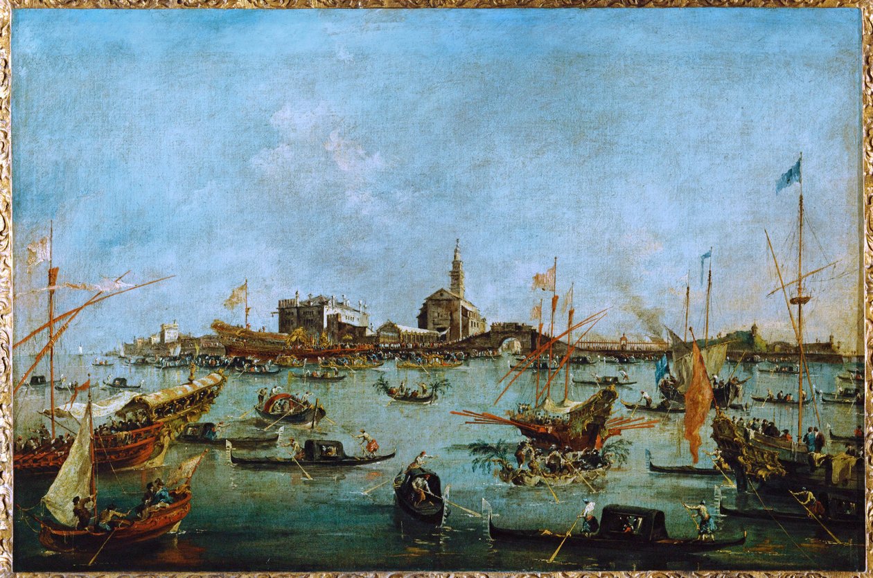 Le Doge, dans sa gondole dorée, le Bucintoro, passe devant San Niccolo del Lido ... - Francesco (circle of) Guardi