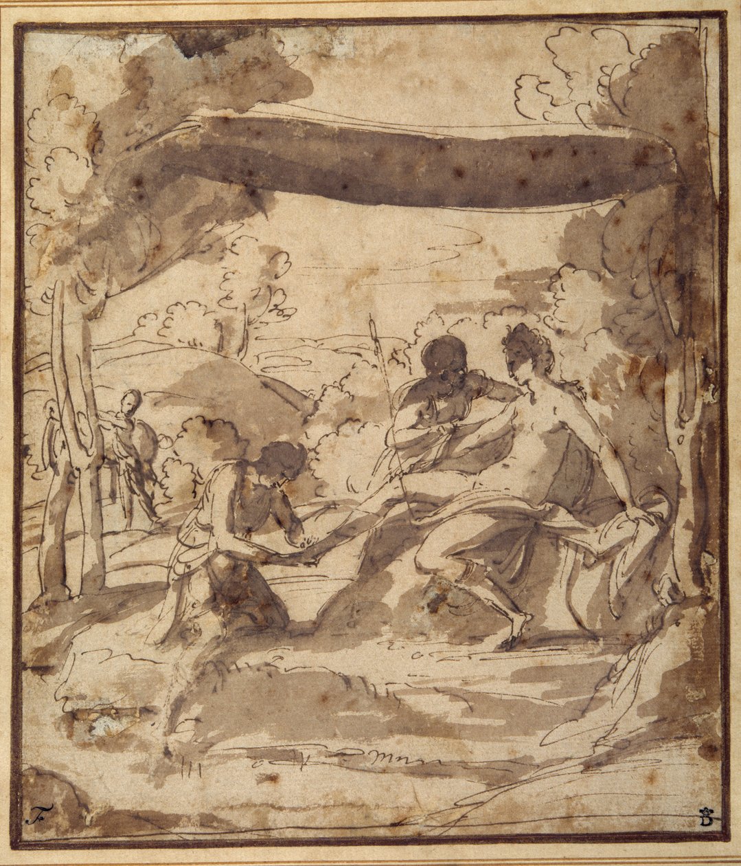 Vénus, allongée sous un auvent rustique, avec Adonis attachant sa sandale - Francesco Albani