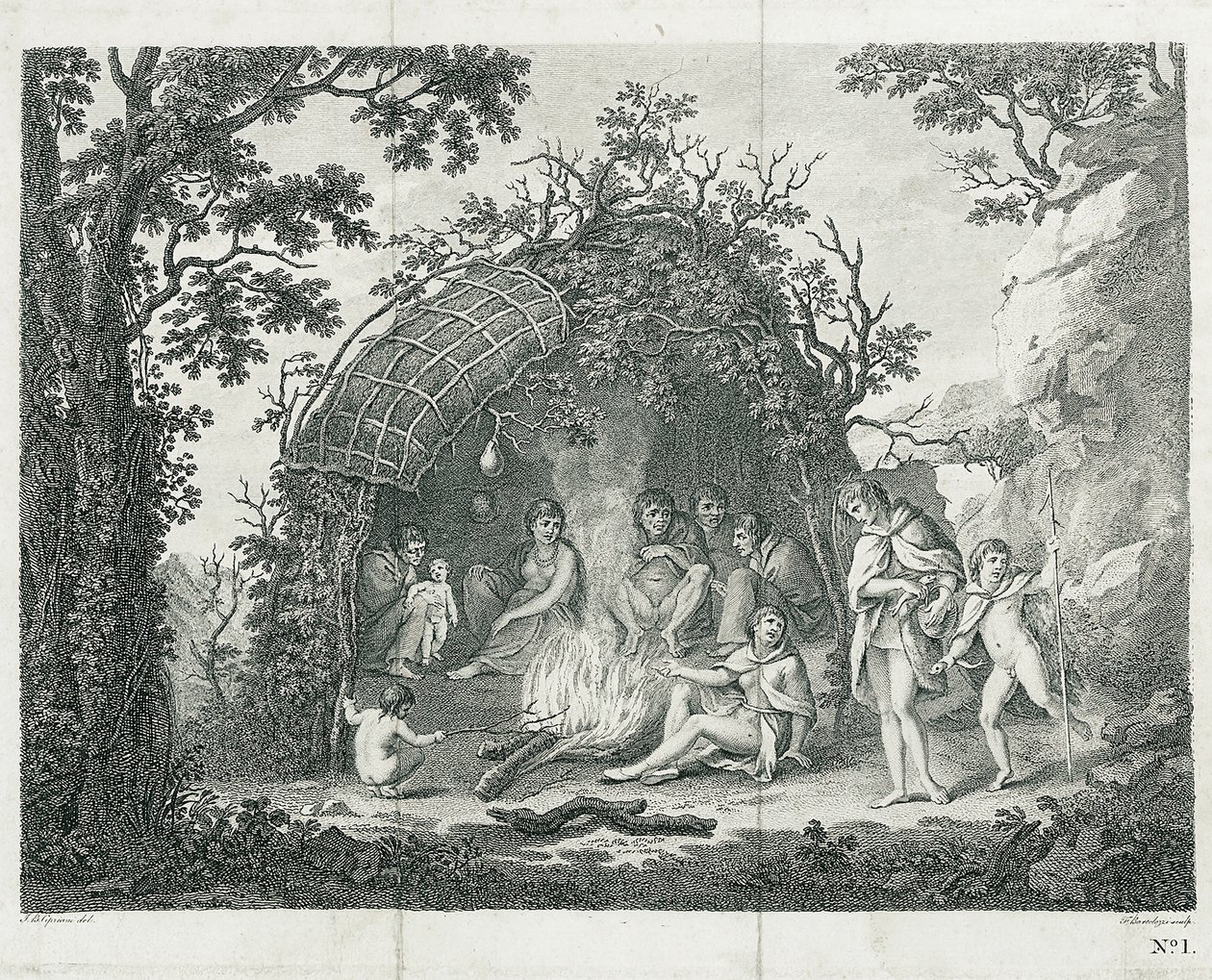 Vue des Indiens de Terre de Feu dans leur hutte (sans titre) - Francesco Bartolozzi