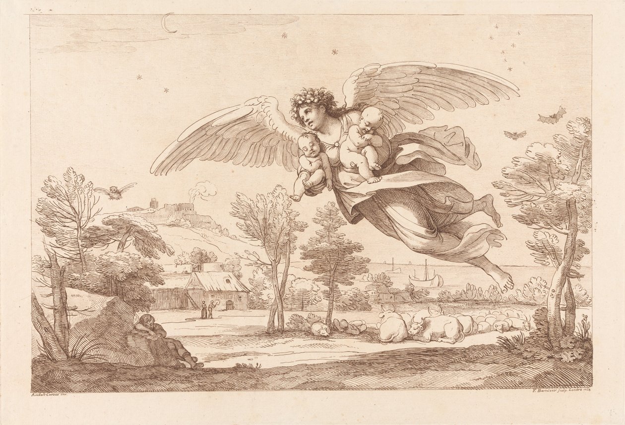 Un ange portant deux bébés et survolant du bétail endormi - Francesco Bartolozzi