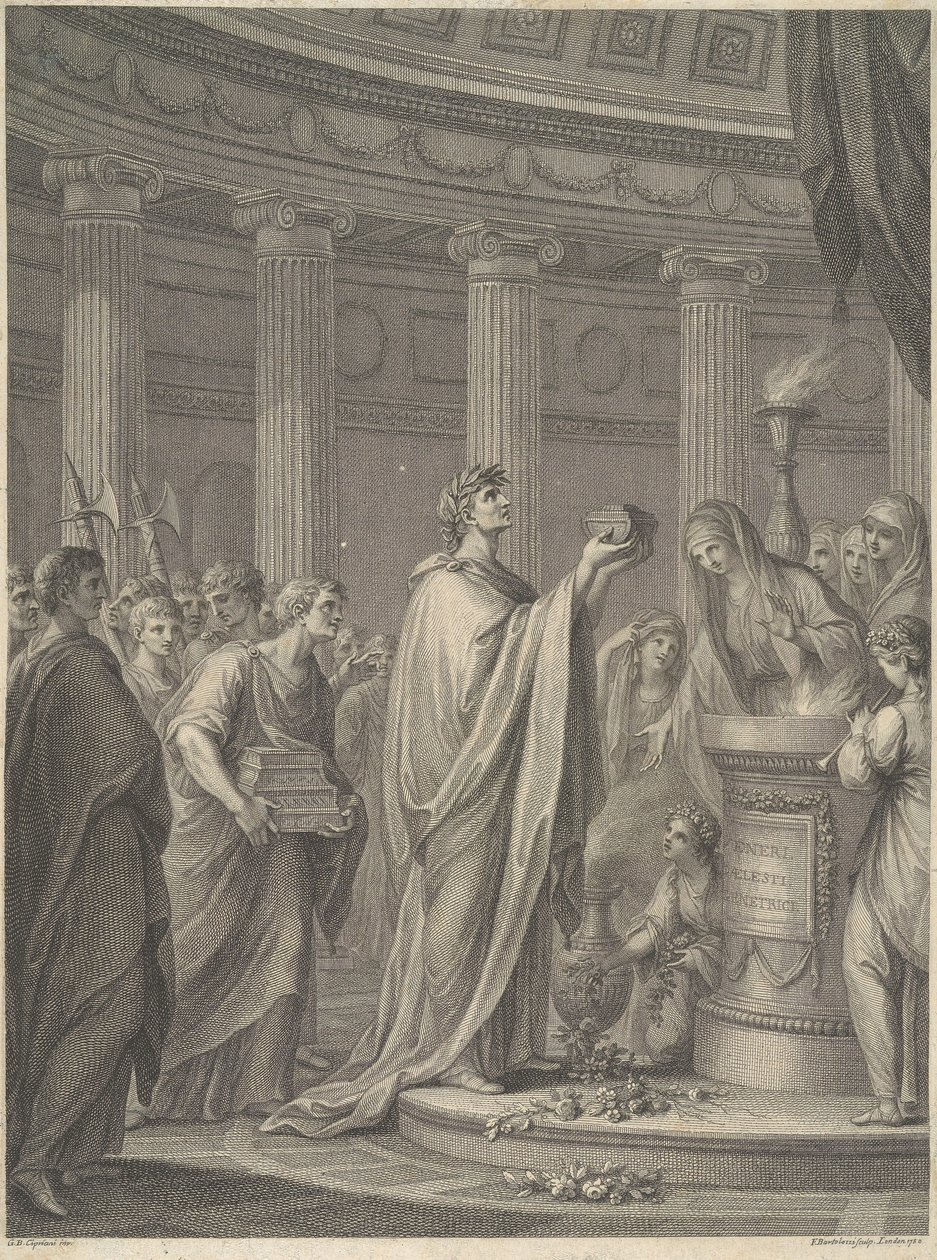 Le général romain Jules César dédie le temple de Vénus Genitrix au forum de César, Rome, 46 av. J.-C. - Francesco Bartolozzi