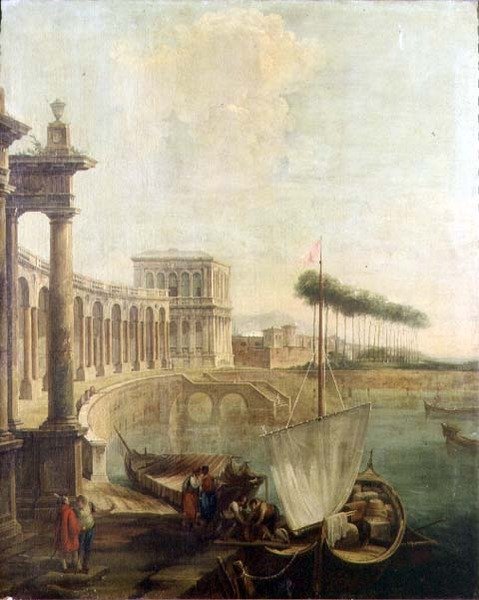 Un capriccio, port avec des figures chargeant un ferry - Francesco Battaglioli