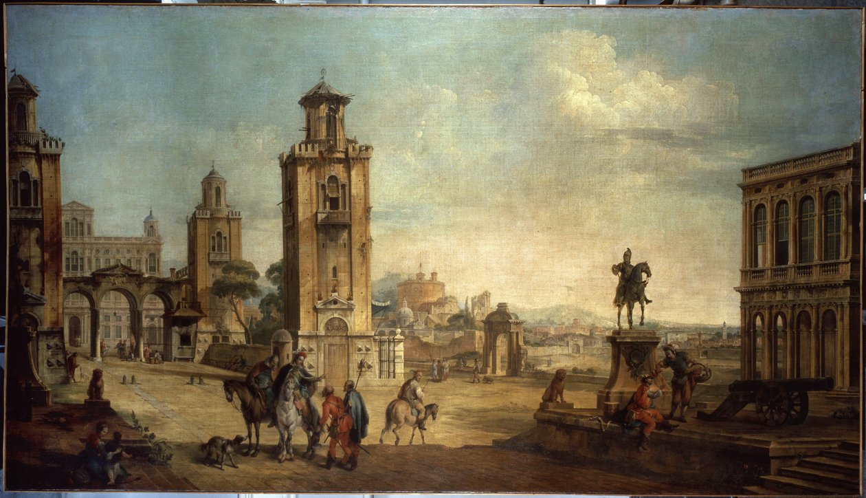Scène de rue dans une ville, la grande place avec monuments - Francesco Battaglioli