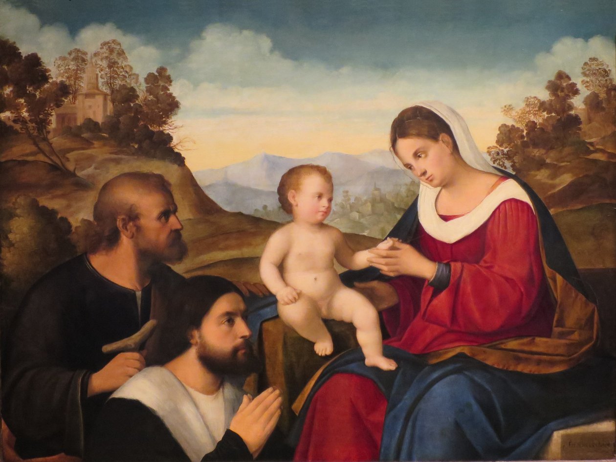 La Sainte Famille avec un donateur dans un paysage - Francesco Bissolo
