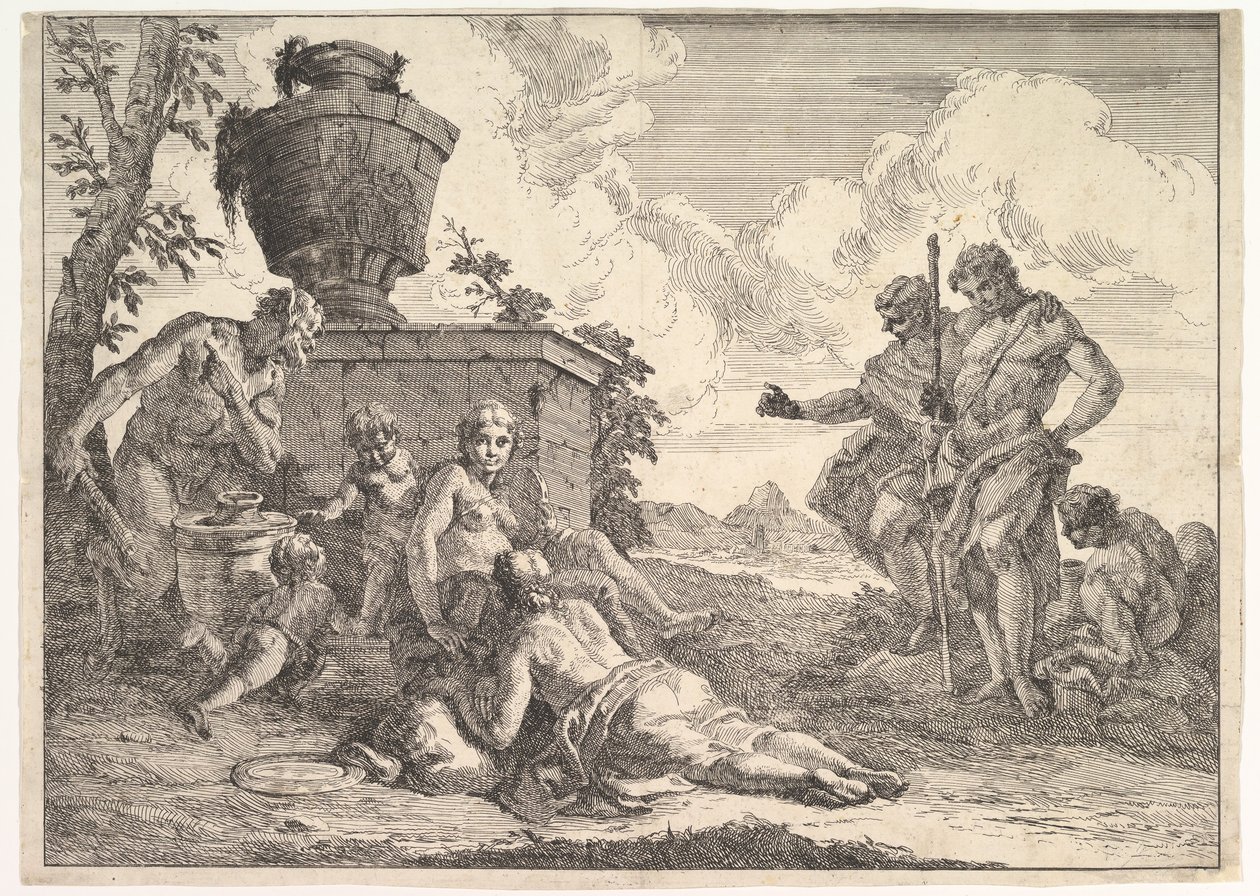 Satyre avec une massue et sept figures, des Bacchanales et Histoires, 1744 - Francesco Fontebasso
