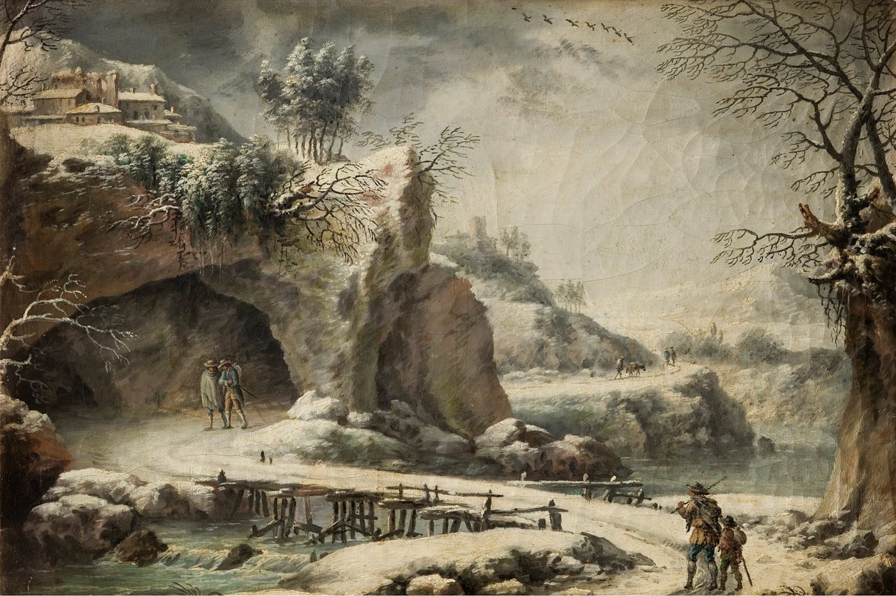 Un paysage de rivière gelée avec des personnages - Francesco Foschi