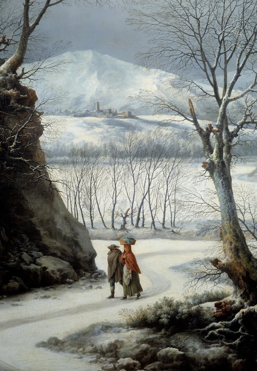 Couple sur la route en plein hiver. Peinture de Francesco Foschi (? - 1805) - Francesco Foschi