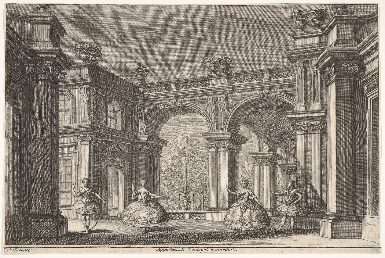 Deux dames et deux messieurs dansant dans un cadre architectural orné, une fontaine en arrière-plan, 1765 - Francesco Galli Bibiena