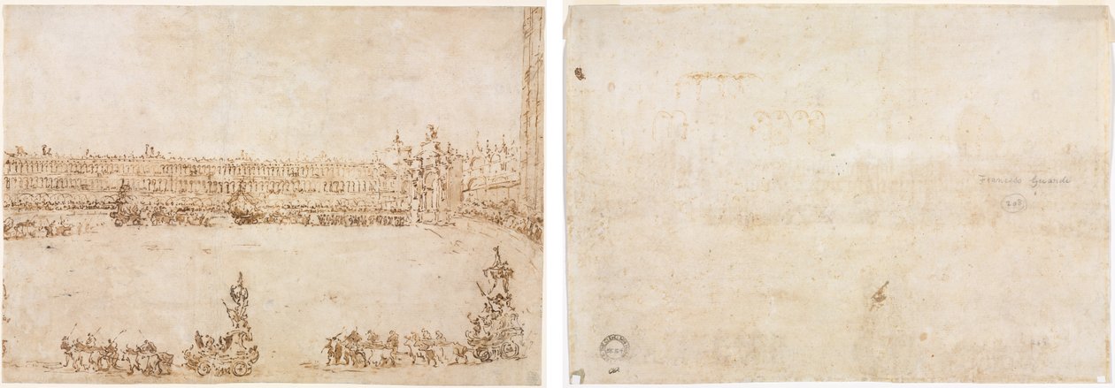 Une procession de chars triomphaux sur la Piazza San Marco, Venise, célébrant la visite des Conti del Nord (recto) Trois esquisses d