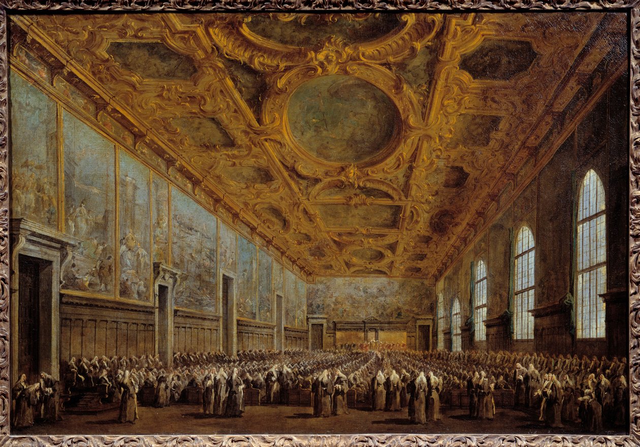 Le Doge de Venise remercie le Grand Conseil. La scène se déroule au Palais des Doges sur la place Saint-Marc à Venise. Peinture de Francesco Guardi - Francesco Guardi