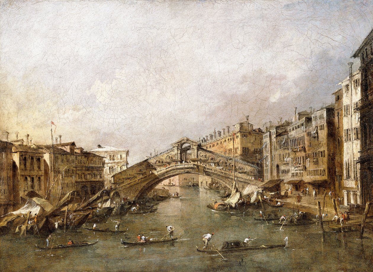 Le pont du Rialto, Venise, avec des gondoles au premier plan - Francesco Guardi
