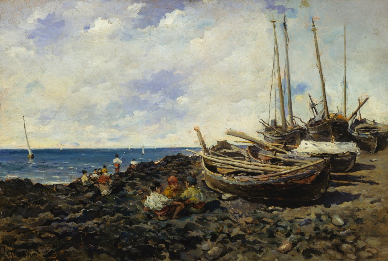 Pêcheurs avec bateaux sur le rivage - Francesco Lojacono