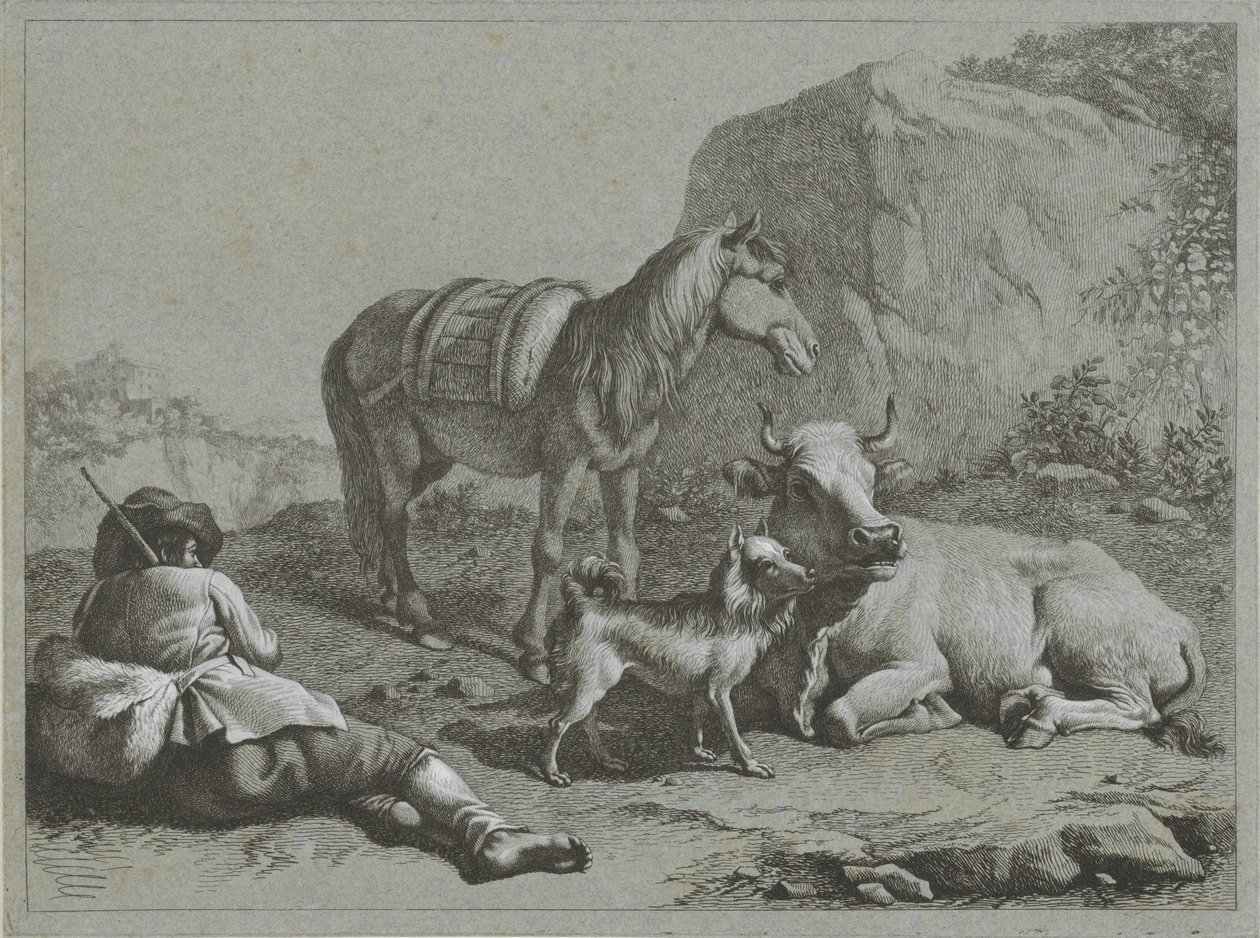 Berger couché avec cheval, vache et chien
Scènes pastorales (titre de la série) - Francesco Londonio