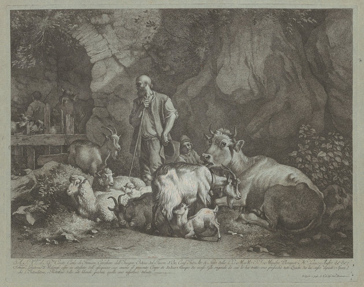 Vieux berger chauve, garçon berger assis et troupeau, après 1766 - Francesco Londonio