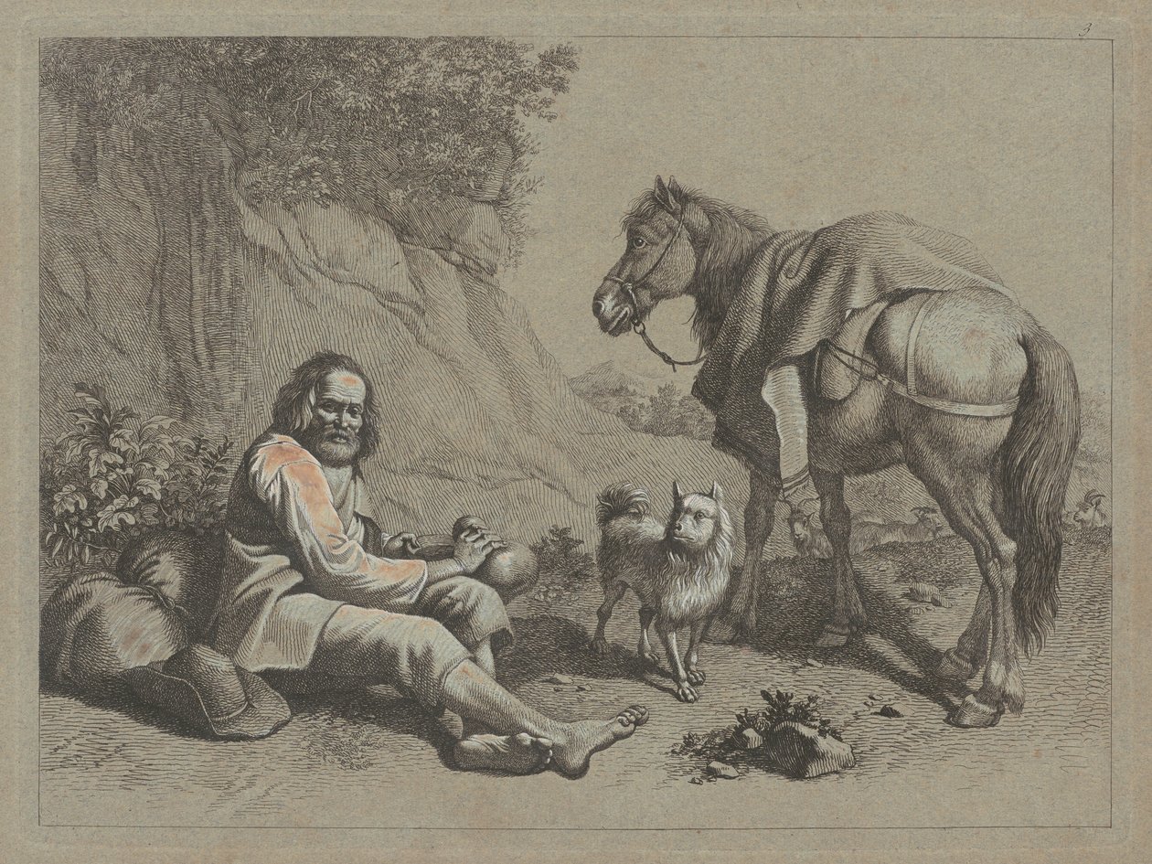 Vieil homme assis sur le point de boire dans une gourde - Francesco Londonio