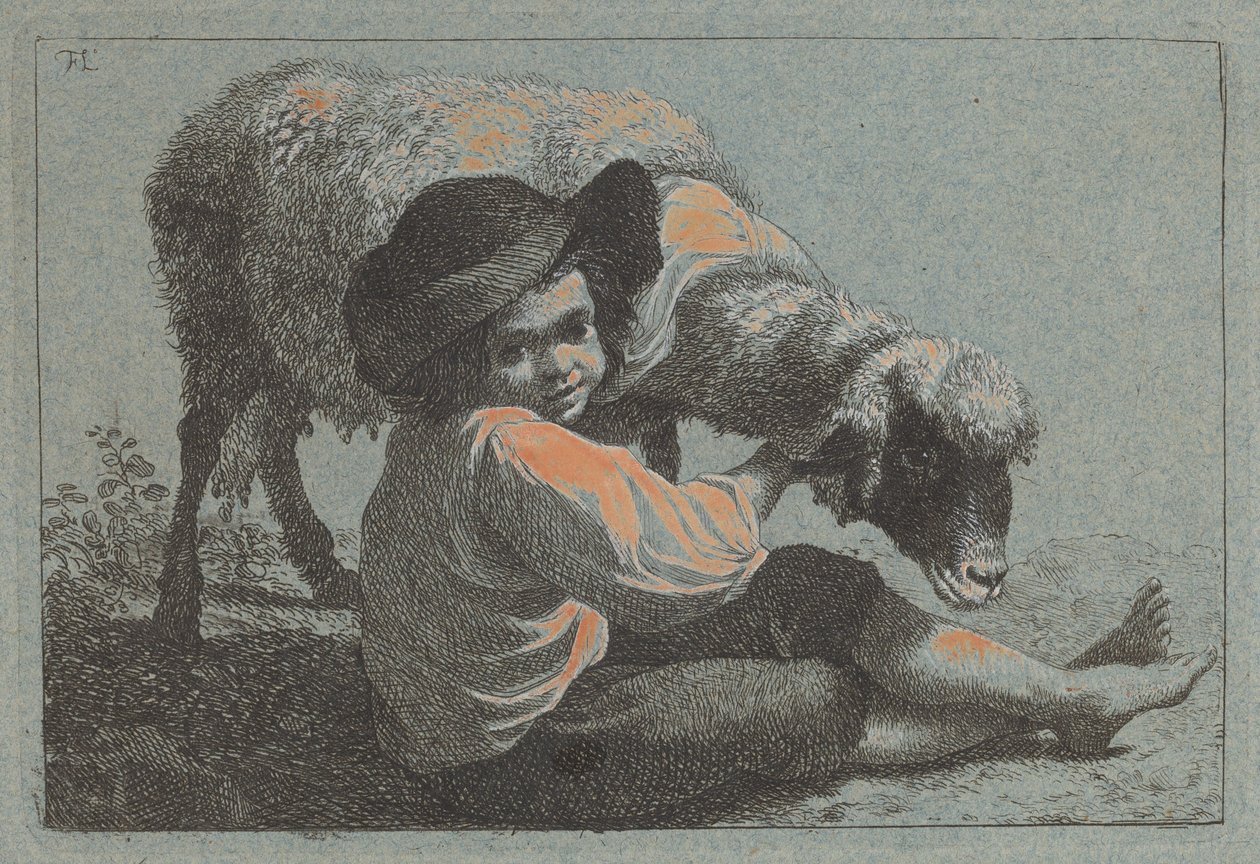 Garçon paysan assis tenant un mouton - Francesco Londonio