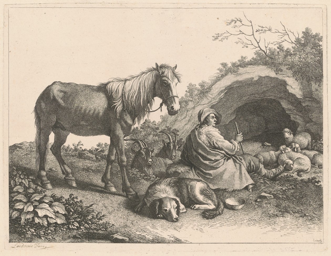 Berger assis avec cheval, chien, chèvres et moutons, après 1776 - Francesco Londonio