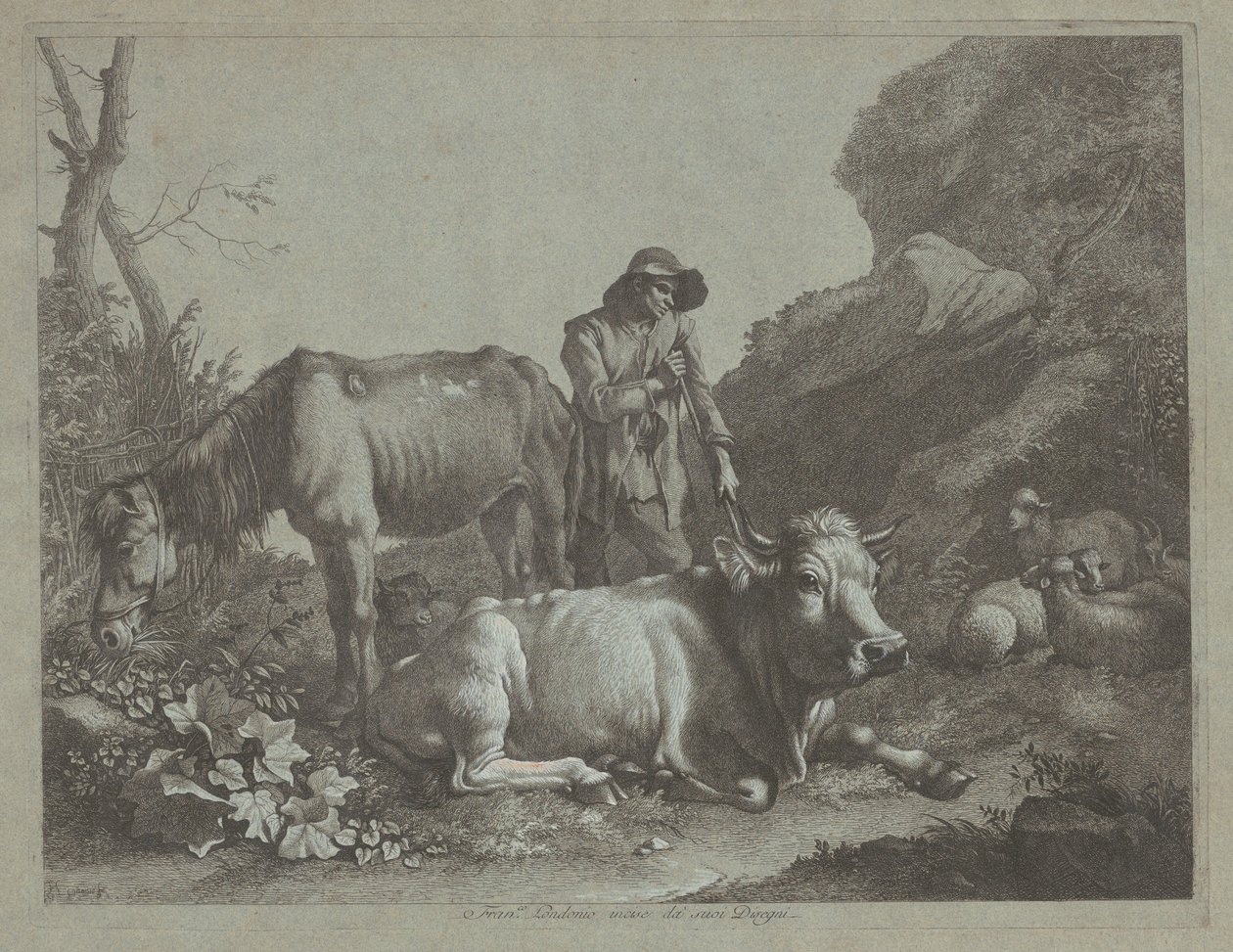 Berger se Reposant sur un Bâton avec un Vieux Cheval et un Taureau Allongé - Francesco Londonio