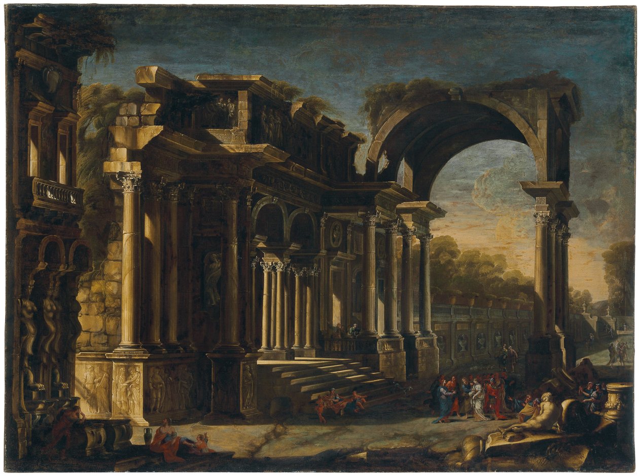 Capriccio avec ruines romaines et Christ avec la femme adultère - Francesco Maglioli
