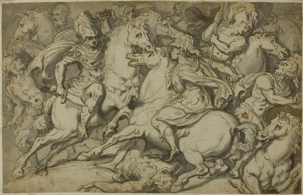 Escarmouche de cavalerie (recto) ; Ecorché agenouillé (verso) - Francesco Salviati