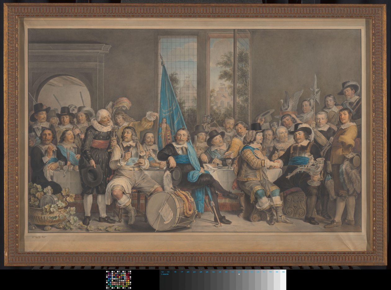 Repas des arquebusiers à la Voetboog (St. Joris) doelen à Amsterdam, célébrant la paix de Münster, 18 juin 1648 - Francesco Tozelli (signed by artist)