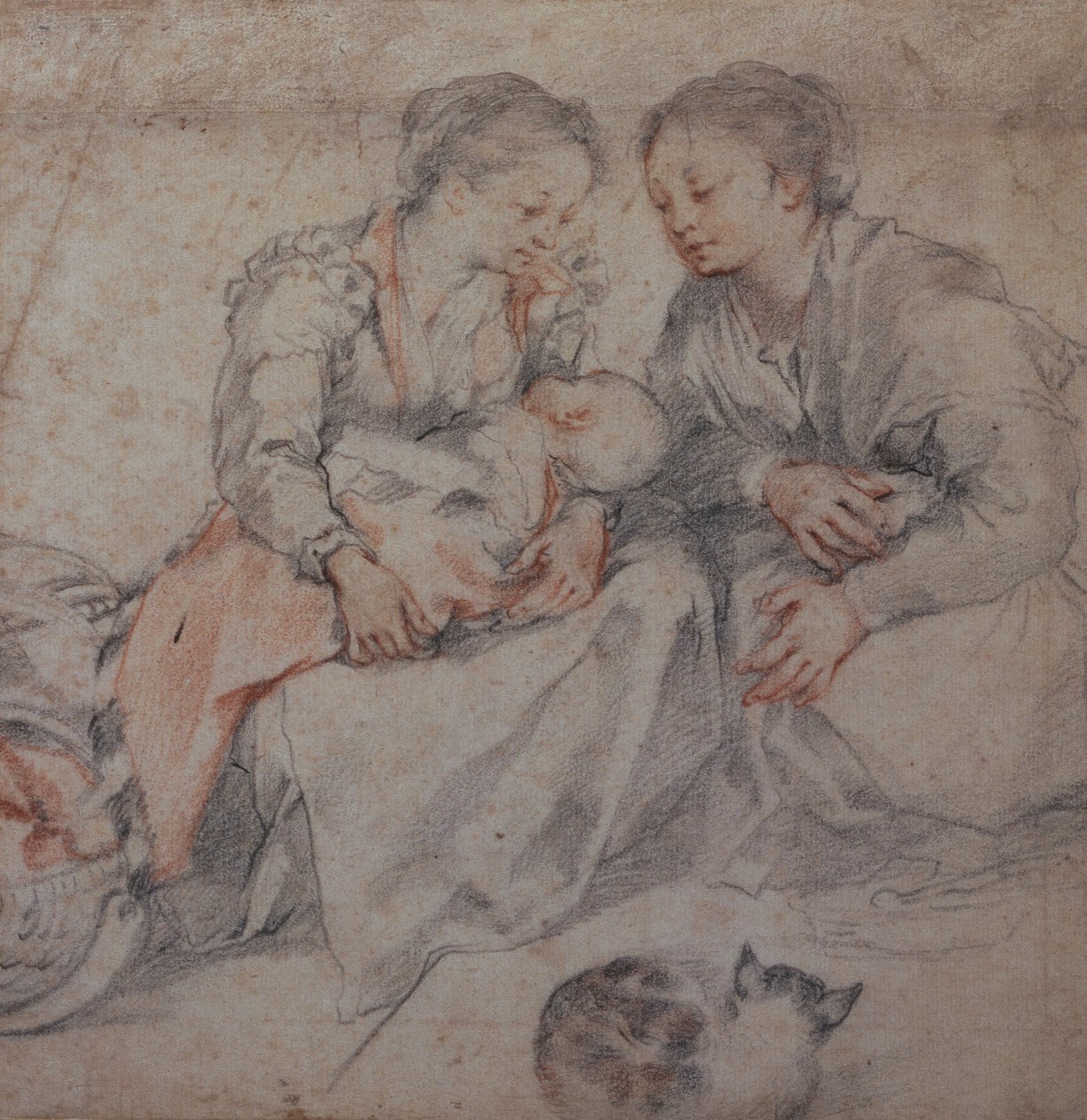 Deux femmes et un bébé avec un chat - Francesco Vanni