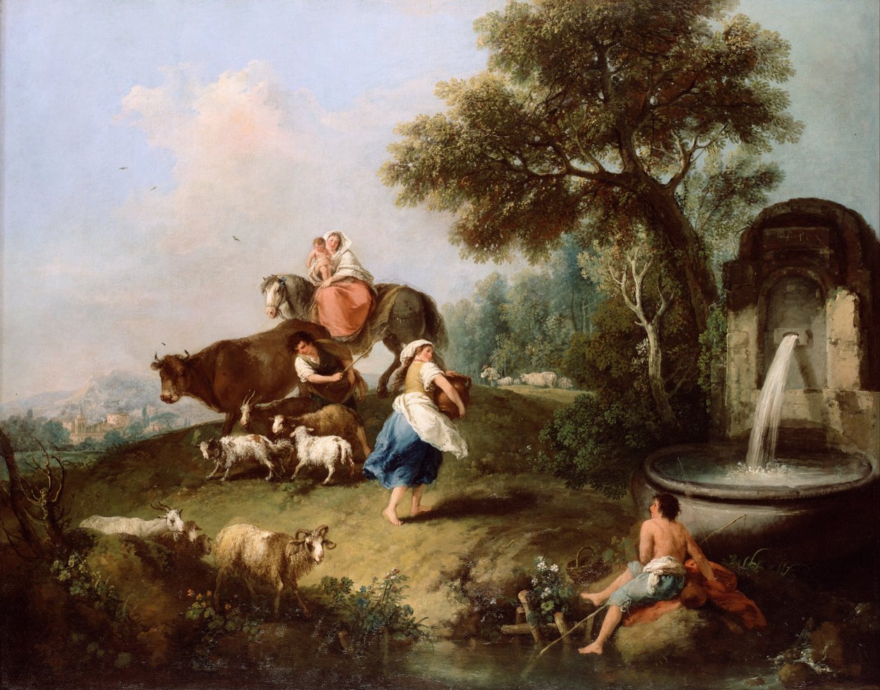 Paysage avec une fontaine, des figures et des animaux - Francesco Zuccarelli