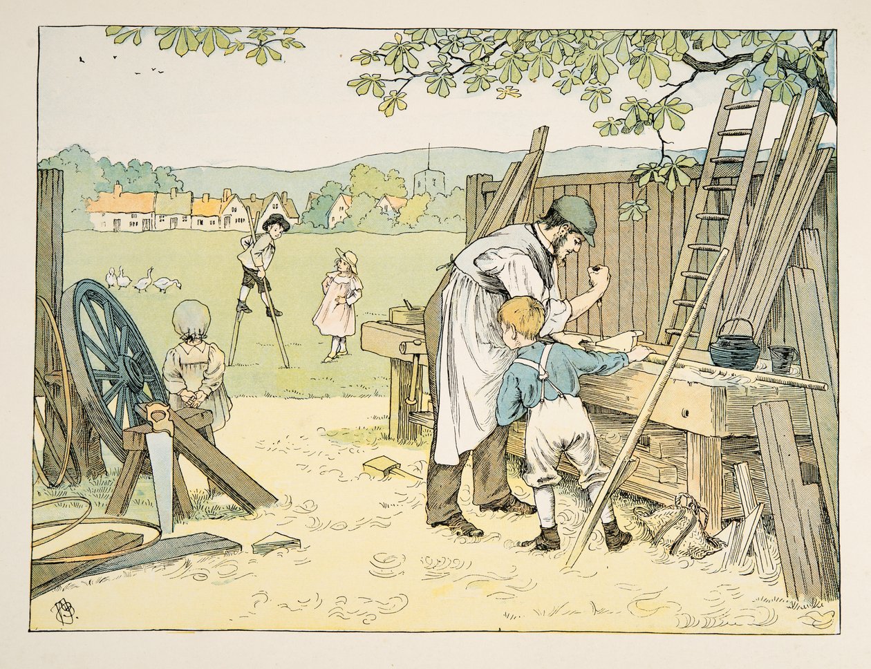 Le charpentier, tiré de Four and Twenty Toilers, pub. 1900 (lithographie couleur) - Francis Donkin Bedford