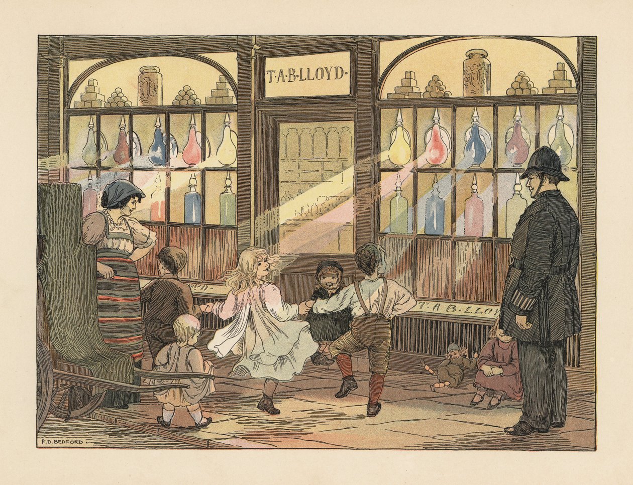 Enfants victoriens dansant devant une pharmacie sous le regard d