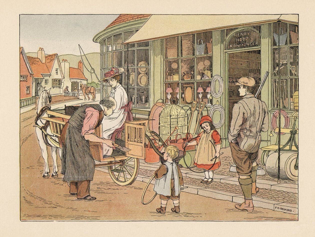 Famille victorienne chez Henry Hoop, le ferronnier du village. Chromolithographie d