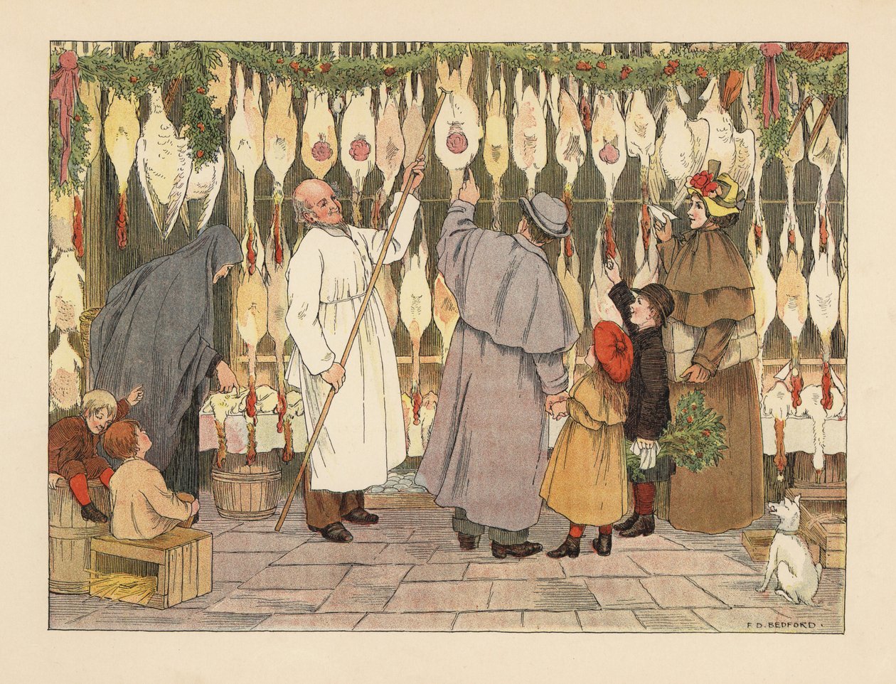 Famille victorienne choisissant une dinde pour Noël chez le volailler. Boucher en blouse avec un crochet en train d