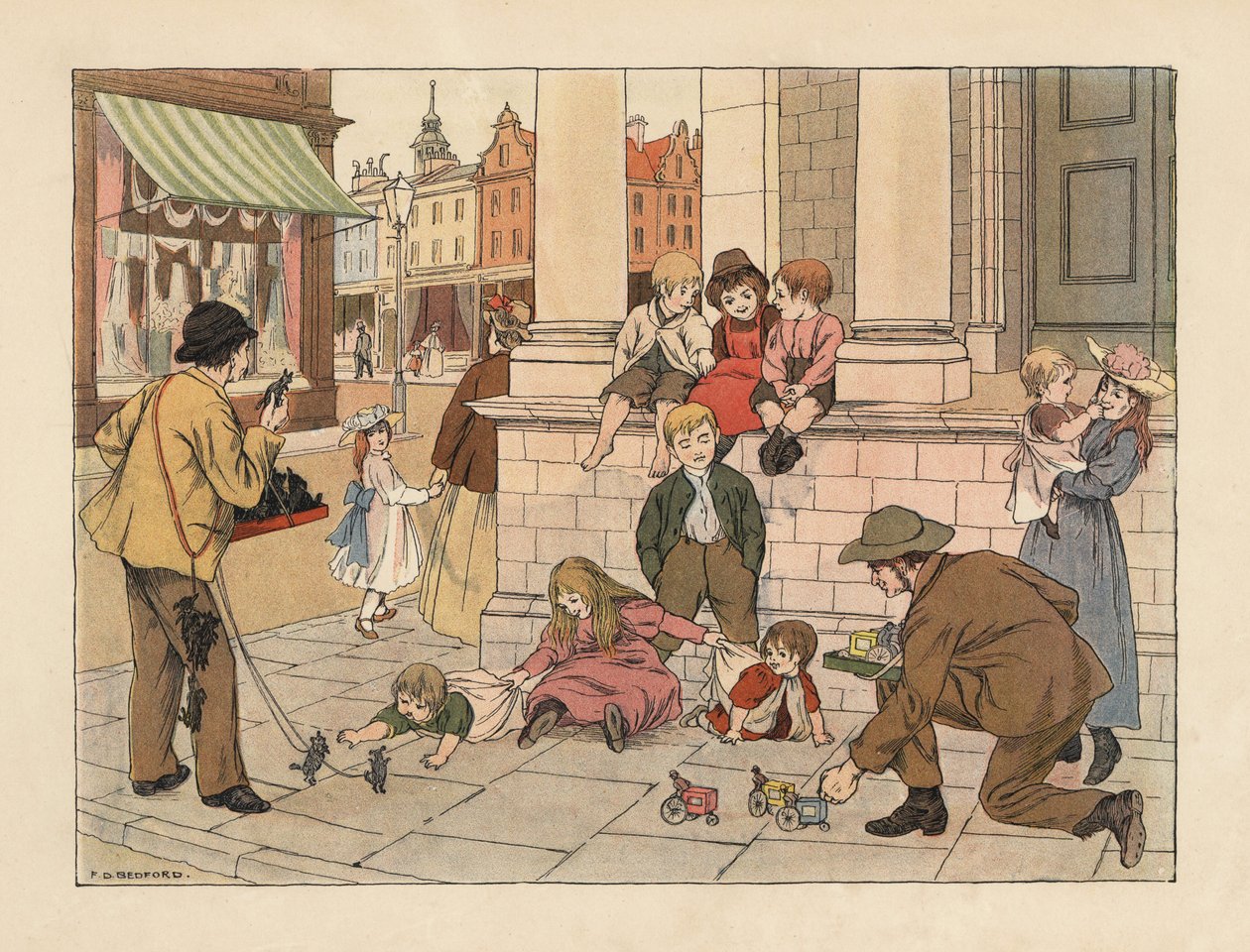 Marchands de trottoirs victoriens vendant des jouets à un penny aux enfants dans une rue de Londres. Chromolithographie d