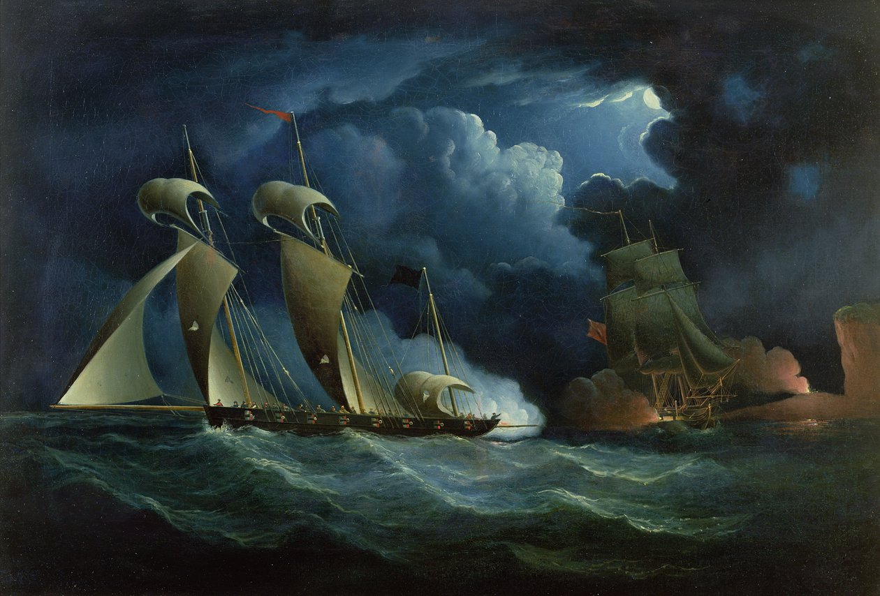 Un brick des douanes engageant le pirate Will Watch - Francis Hustwick