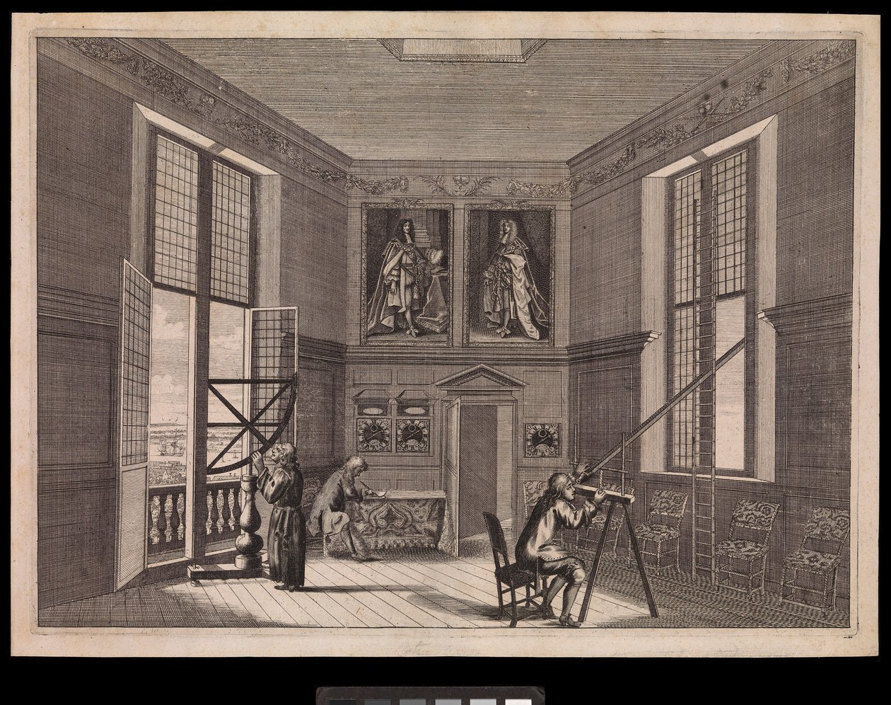 Trois figures utilisant des équipements astronomiques dans la Grande Salle des Étoiles ou la Salle Octogonale, comme on l