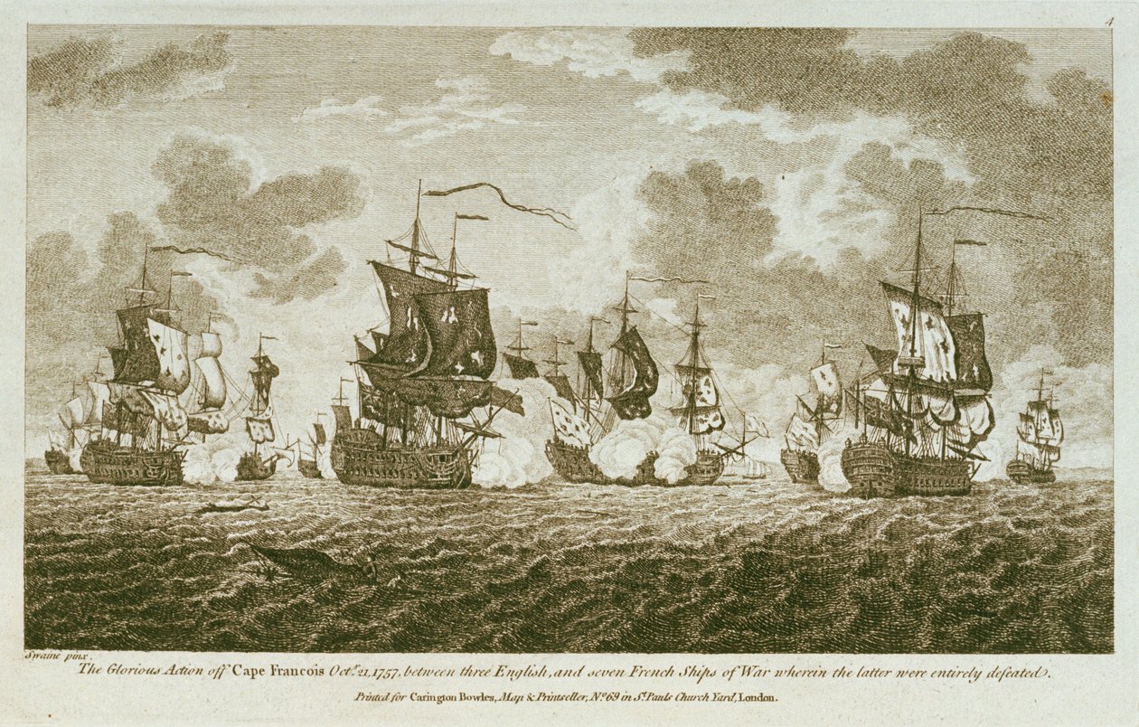 Douze Gravures de Combats Maritimes. La Glorieuse Action au large du Cap François le 21 octobre 1757, entre les Anglais et sept navires de guerre français où ces derniers furent entièrement vaincus. - Francis Swaine