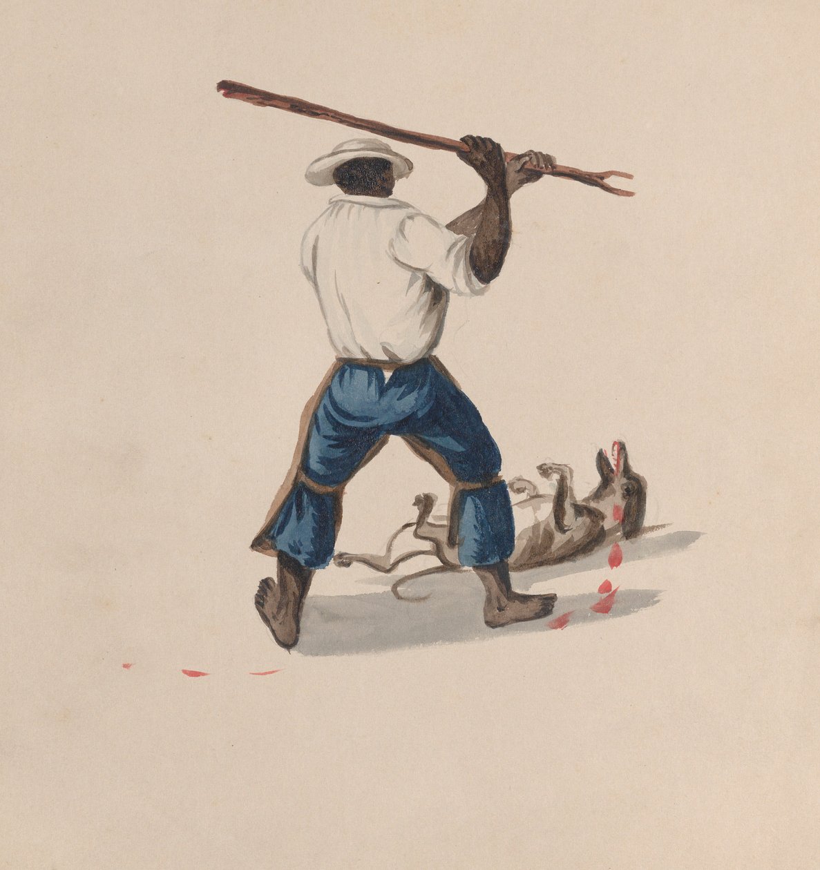 Un homme vu de dos battant un chien avec un bâton, d