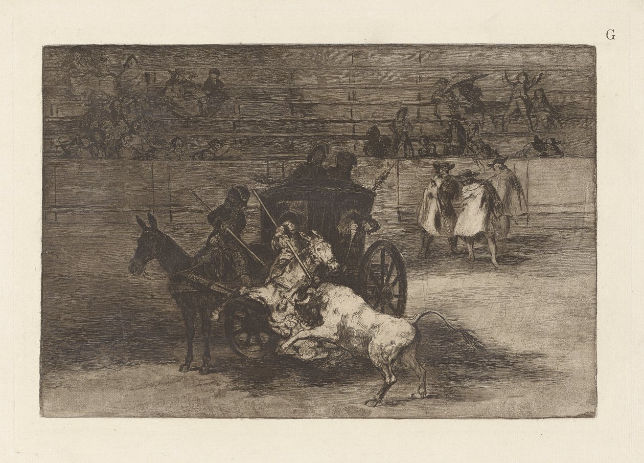 Combat dans une voiture attelée de deux mulets (Planche G de La tauromachie, troisième édition) - Francisco de Goya
