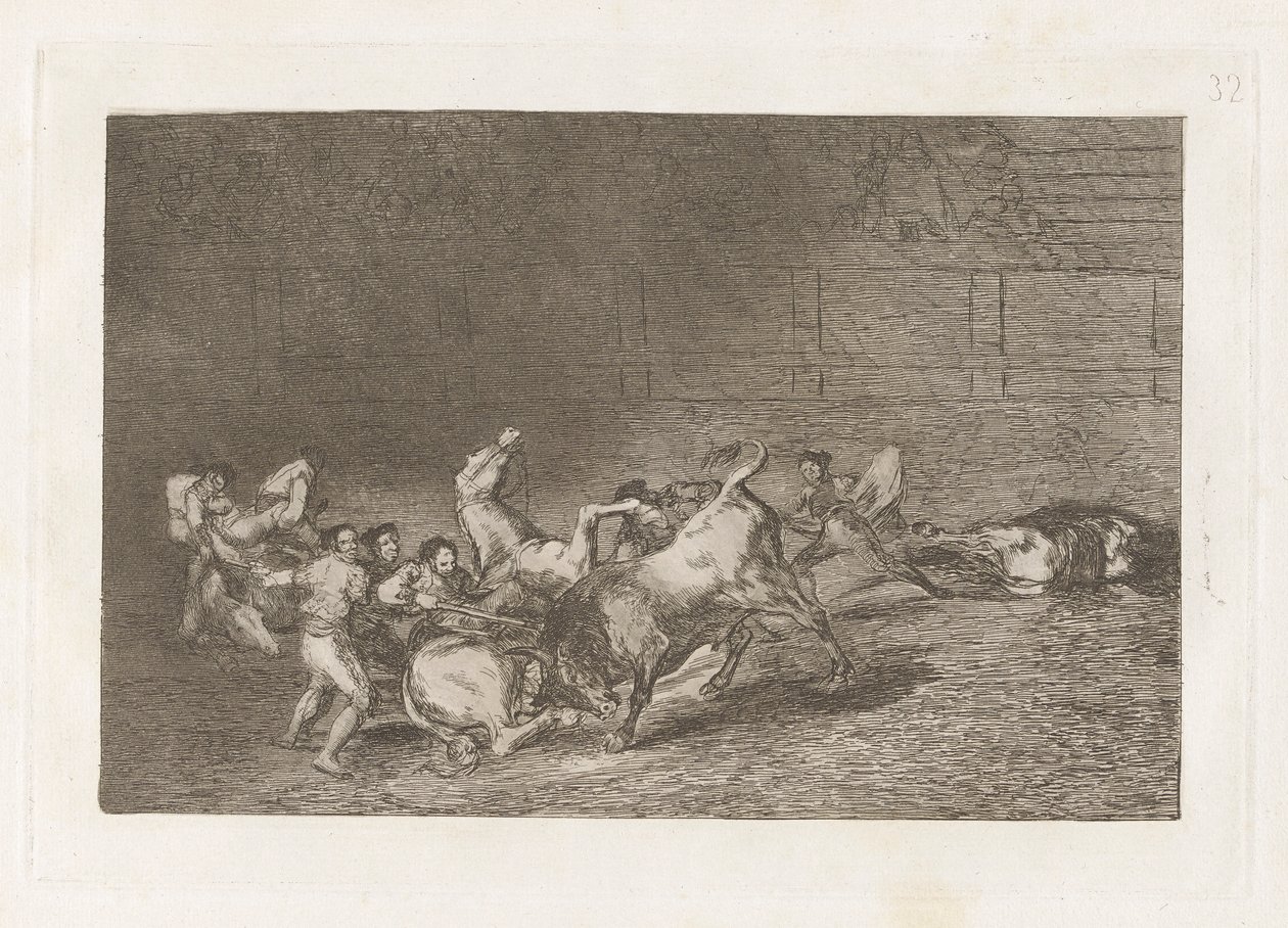 Dos grupos de picadores arrolados de seguida por un solo toro, Planche 32 de La tauromaquia - Francisco de Goya