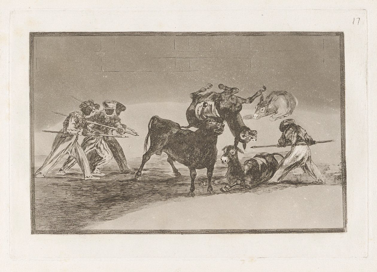 Les Maures utilisent des ânes comme barrière pour se défendre contre le taureau aux cornes emboulées, Planche 17 de La tauromachie - Francisco de Goya