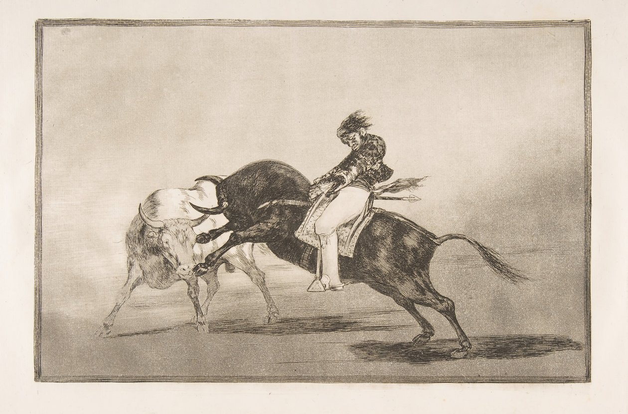 Planche 24 de la Tauromachie : Le même Ceballos monté sur un autre taureau casse une courte lance - Francisco de Goya