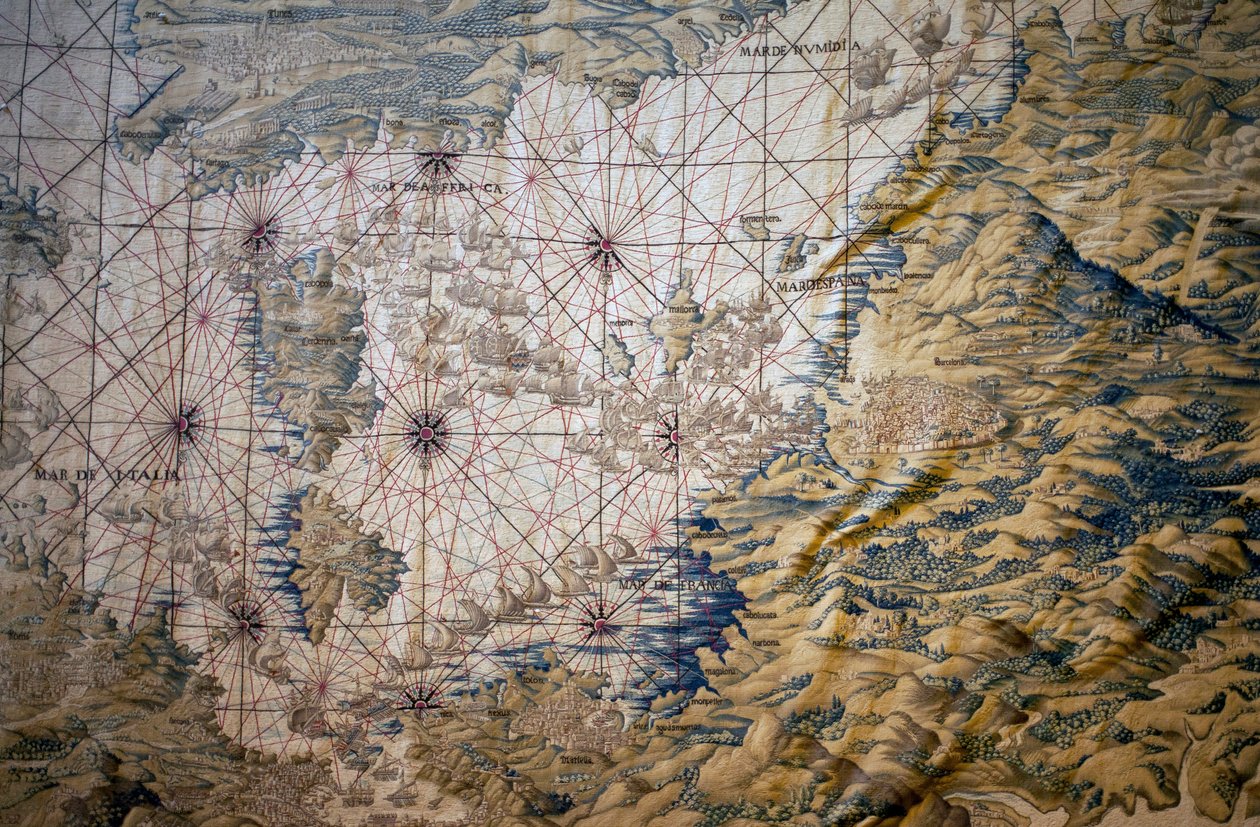 Carte de la mer Méditerranée - Détail de la conquête de Tunis (Tunisie) - Tapisserie de Francisco et Cornelius Van der Ggot (18e siècle), tissée dans la manufacture royale de tapisserie, milieu du 18e siècle, d