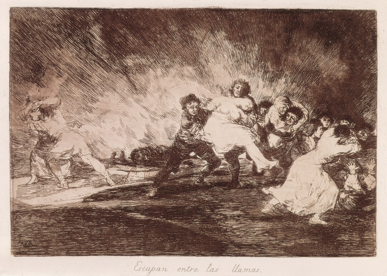 GOYA Y LUCIENTES, Francisco de (1746-1828). Ils échappent aux flammes. 1810-1812. (16,1 x 23,3 cm). Planche 47 de «Les Désastres de la guerre». Eau-forte. ESPAGNE. MADRID (COMMUNAUTÉ AUTONOME). Madrid. Bibliothèque Nationale - Francisco Jose de Goya y Lucientes